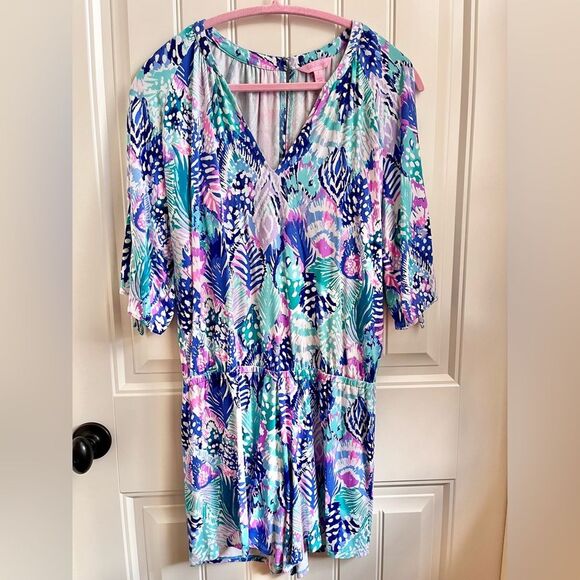Lilly Pulitzer Bryce romper size small purple blue shorts cold shoulder - Picture 2 of 9